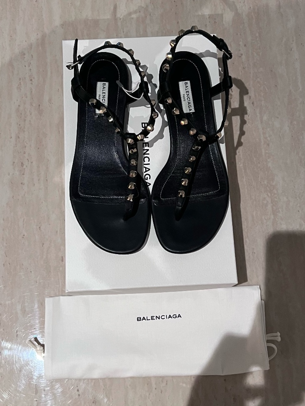 NWT Balenciaga Black and Gold Studded Flat Sandals Womens Size 38 RARE